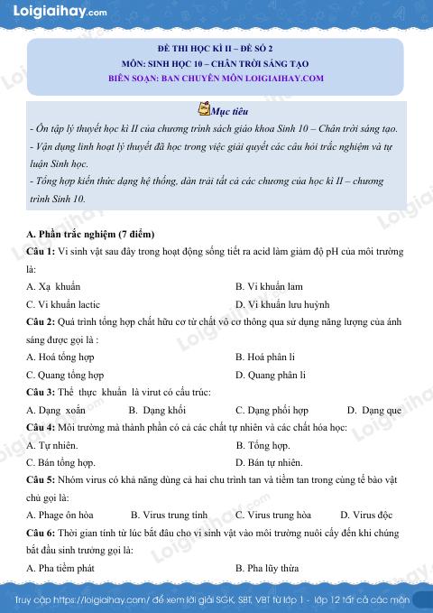 Đề thi học kì 2 Sinh 10 Chân trời sáng tạo - Đề số 2